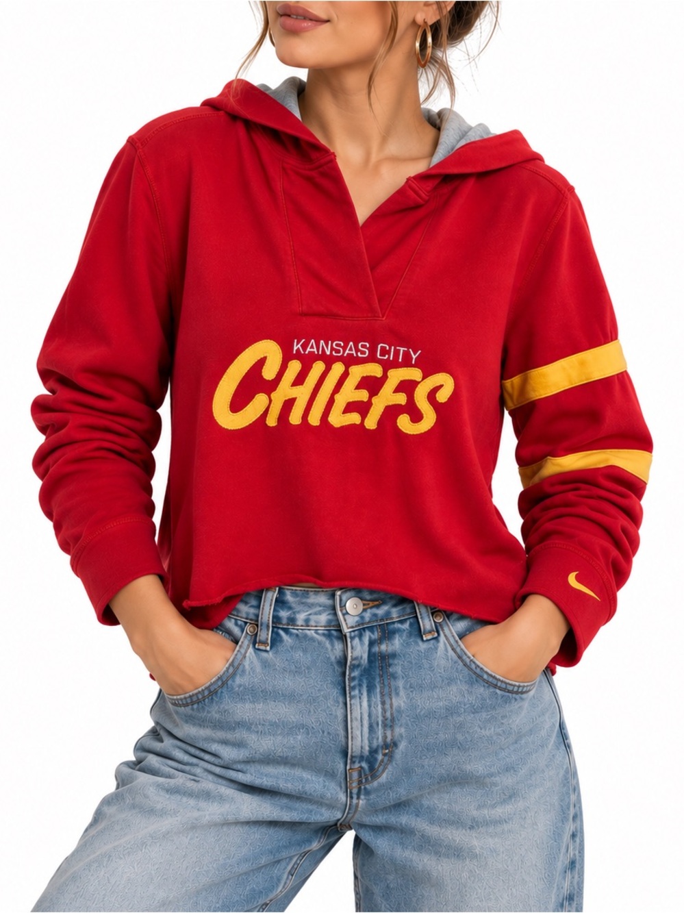 NIKE NFL KANSAS CITY CHIEFS HOODIE WOMENS S CROPPED RAW HEM FOOTBALL GAME DAY